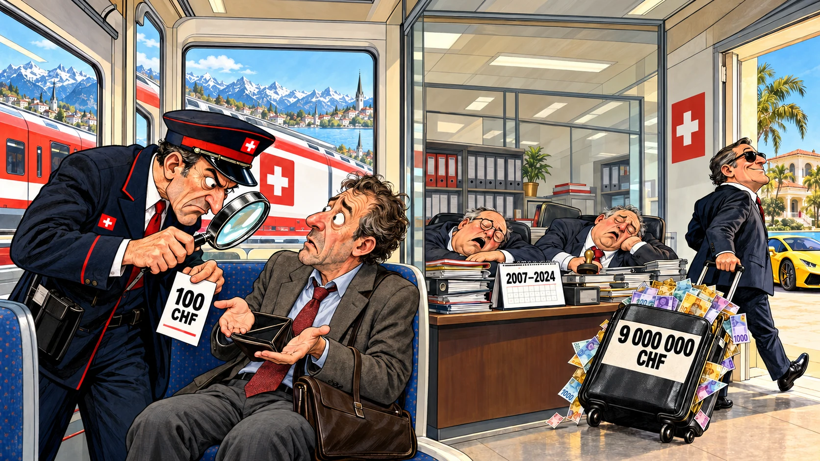 Satirical cartoon: an inspector examines a 100 CHF fine while two employees sleep beside a suitcase marked 9 million CHF.