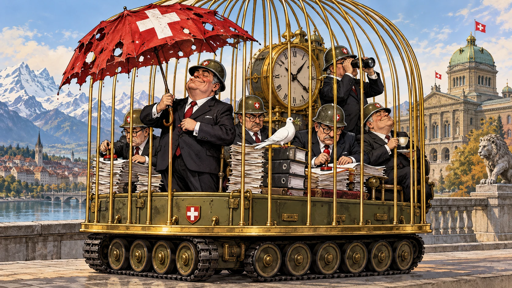 Fictional officials in helmets stamp files inside a golden cage on tank tracks, beneath a Swiss umbrella full of holes.