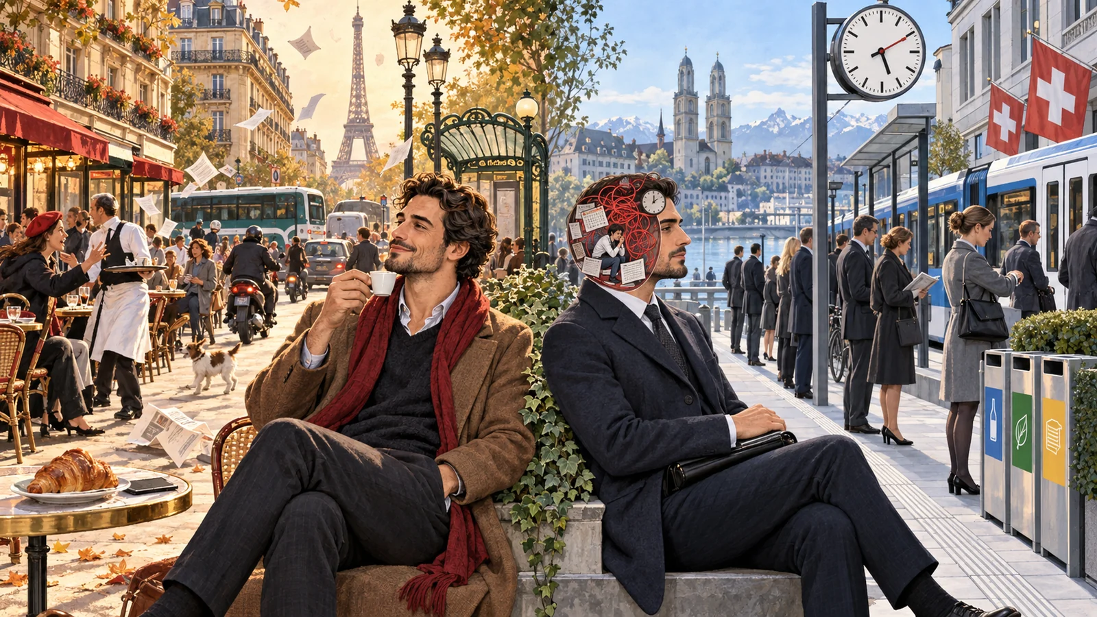 Illustrazione ironica del confronto tra il caos pubblico di Parigi e l’ordine esteriore di Zurigo, dietro cui si nasconde il disordine privato