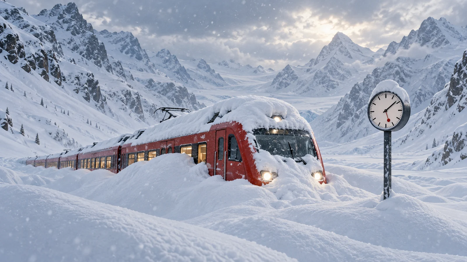 A red Swiss train almost buried in snow in a remote Alpine landscape