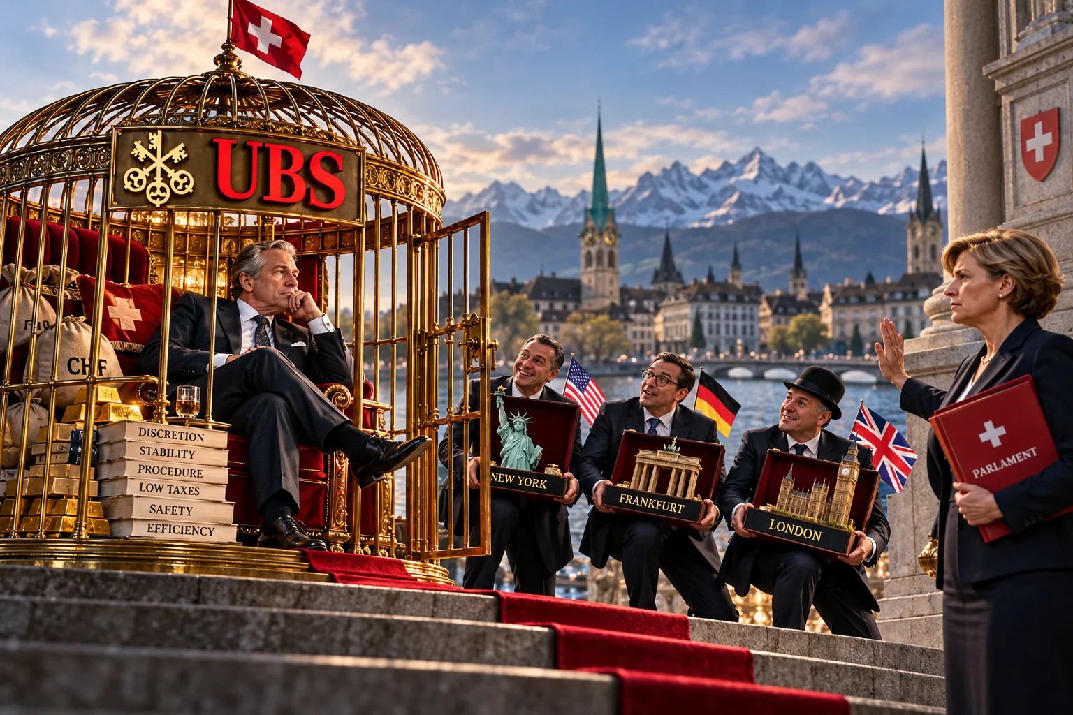 Satirical illustration: UBS in an open golden cage, while foreign banks wait on the steps in Zurich.
