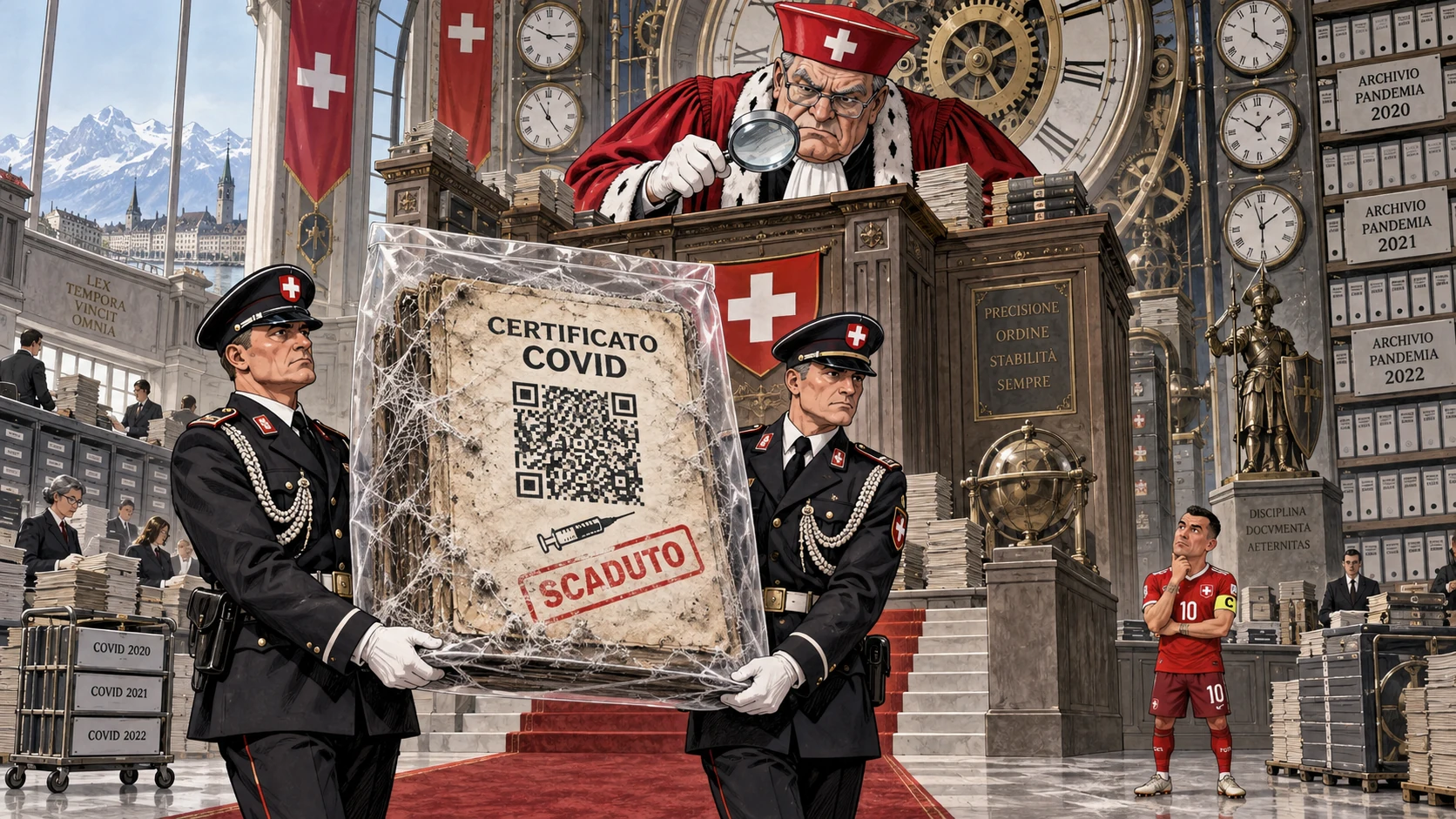 Satirical illustration: an enormous Swiss judge, two officers holding an expired Covid certificate, and a tiny Granit Xhaka beside stacks of files.
